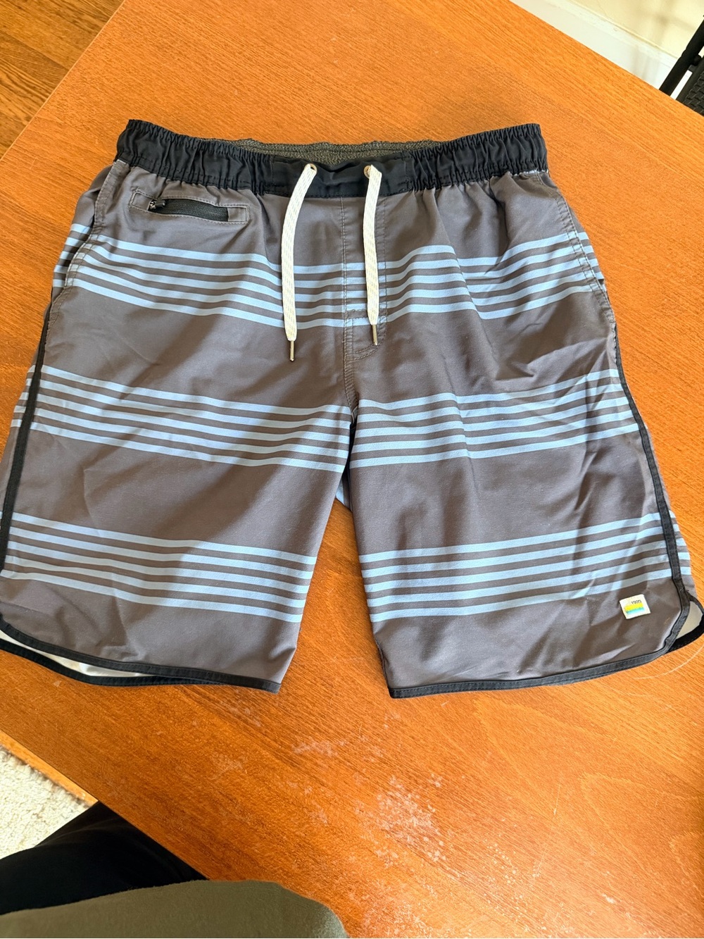 Vuori Men's Gray Swim Trunks with Light Blue Stripes